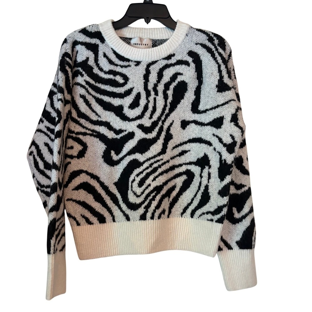 Industry Women's Sweater L Black White Zebra Print Crew‎ Neck Classic Y2K Whimsy